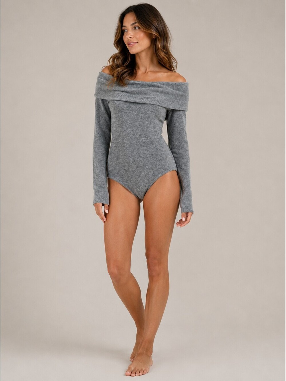 Express Women's Gray Off Shoulder Long Sleeve Bodysuit S Coquette Romantic